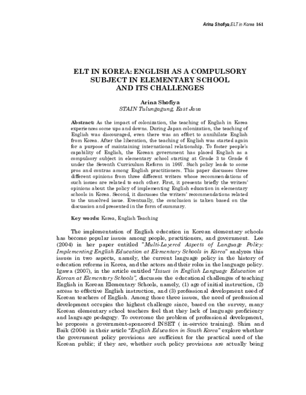 (PDF) Elt in Korea: English as a Compulsory Subject in Elementary ...