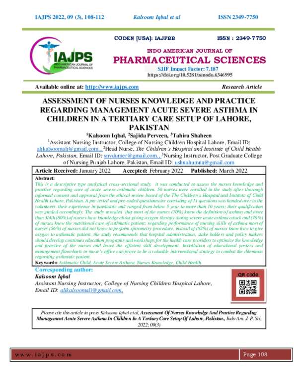 (PDF) ASSESSMENT OF NURSES KNOWLEDGE AND PRACTICE REGARDING MANAGEMENT ...