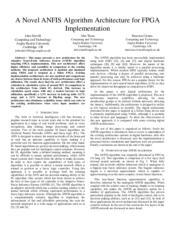 (PDF) A novel ANFIS algorithm architecture for FPGA implementation
