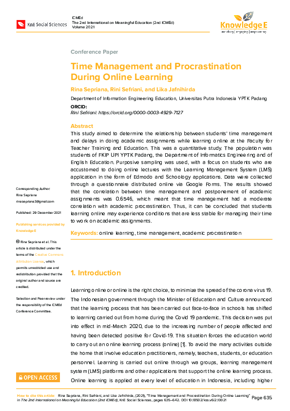 (PDF) Time Management and Procrastination During Online Learning