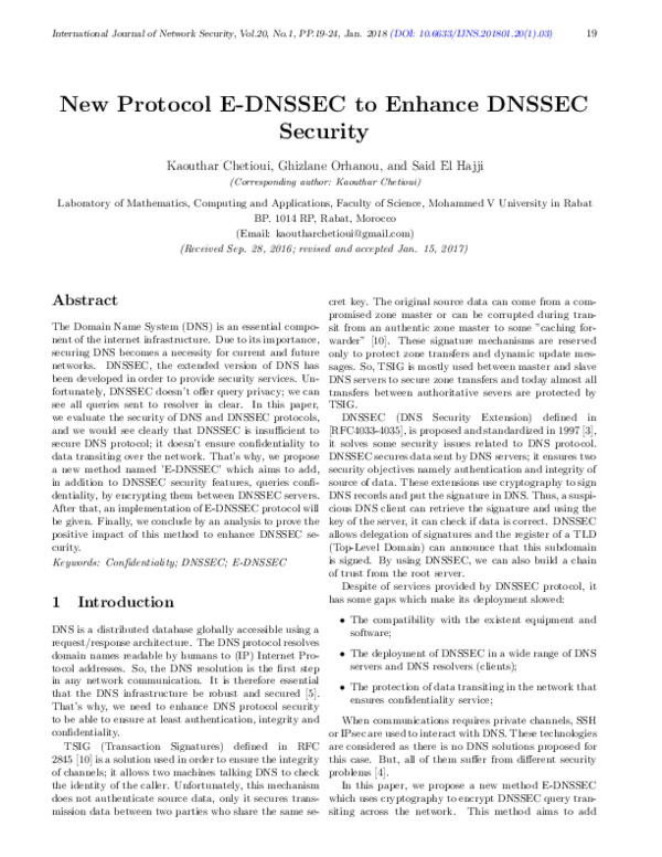 (PDF) New Protocol E-DNSSEC to Enhance DNSSEC Security