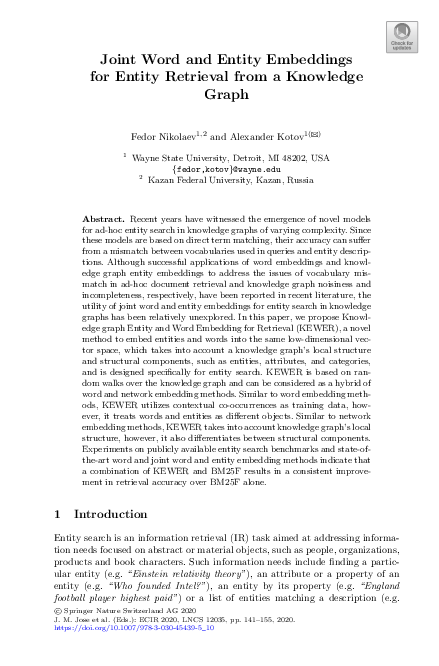 (PDF) Joint Word and Entity Embeddings for Entity Retrieval from a ...