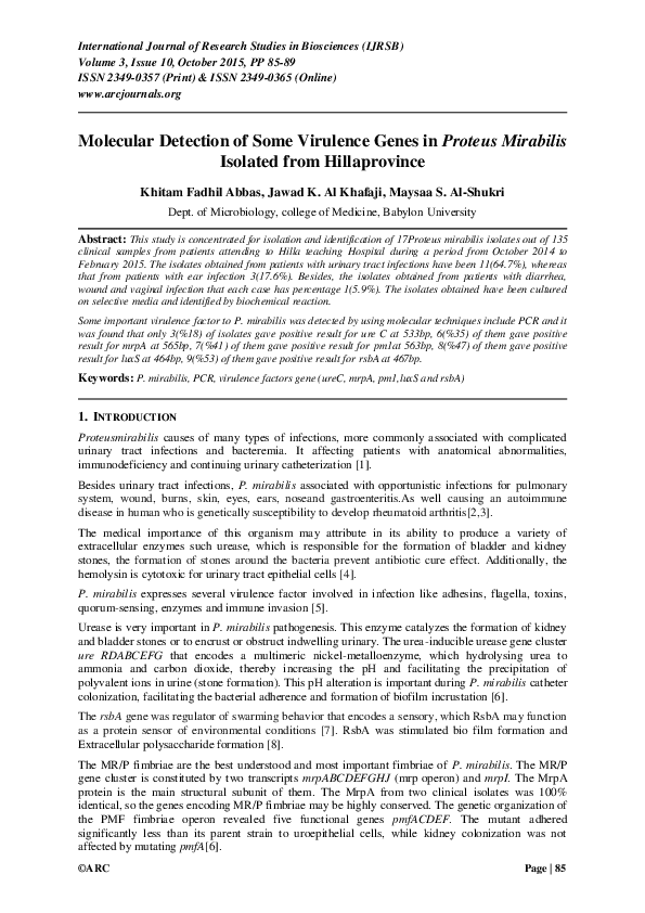 (PDF) Molecular Detection of Some Virulence Genes in Proteus Mirabilis ...