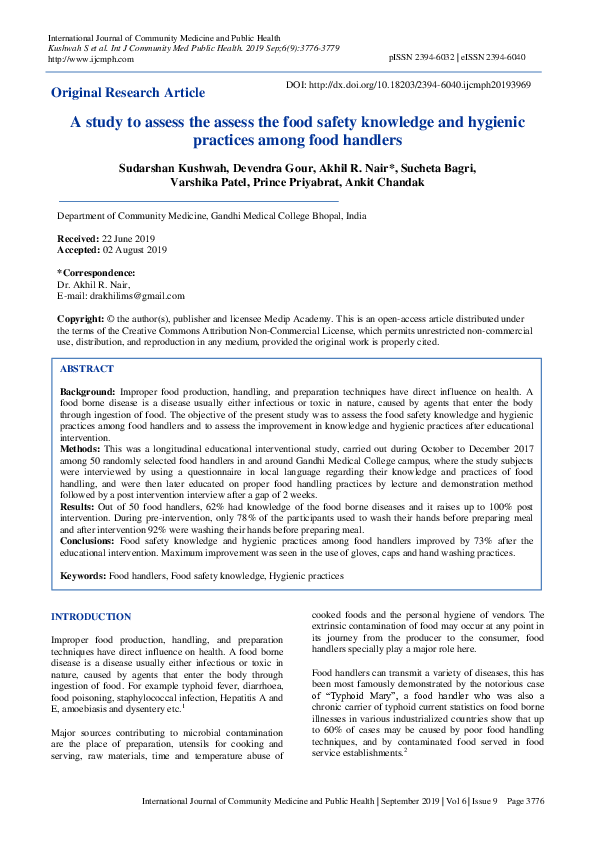 (PDF) A study to assess the assess the food safety knowledge and ...