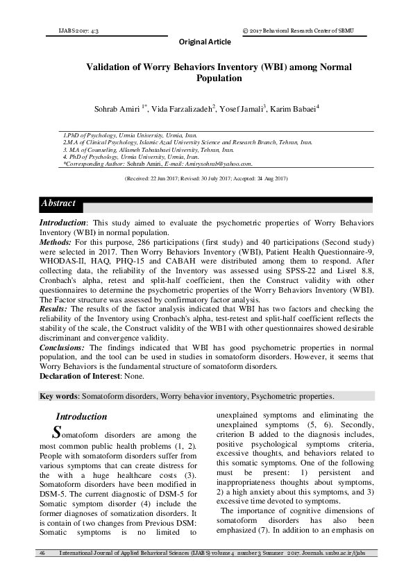 (PDF) Validation of Worry Behaviors Inventory (WBI) among Normal Population