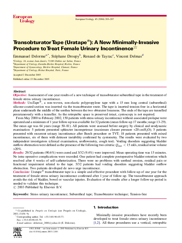 (PDF) Transobturator tape (Uratape). A new minimally invasive method in ...