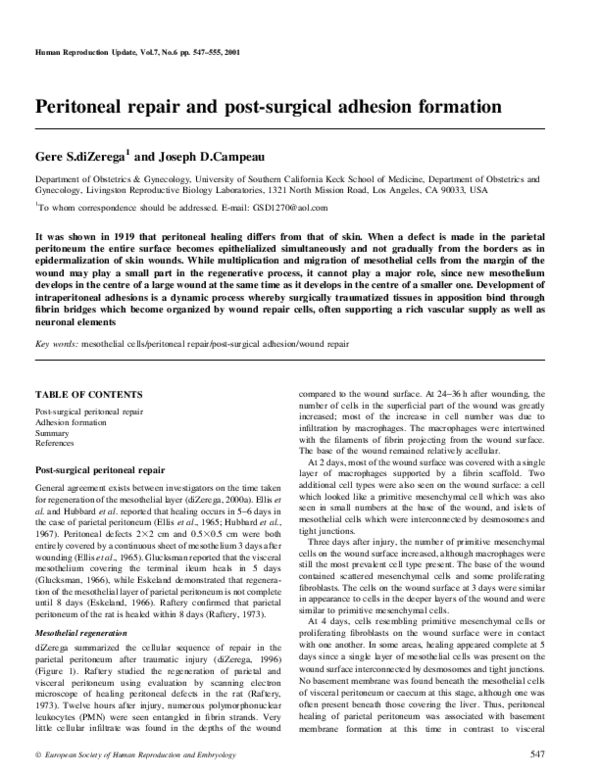 (PDF) Peritoneal repair and post-surgical adhesion formation