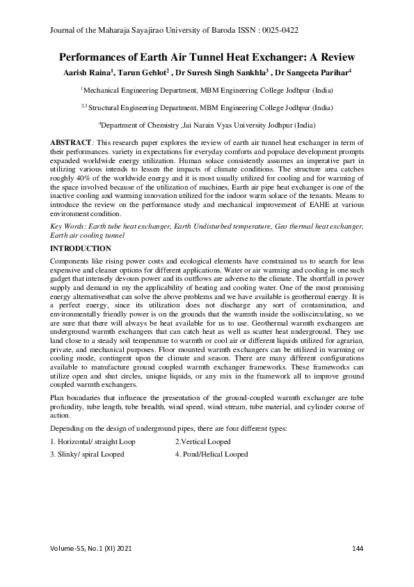 (PDF) Performances of Earth Air Tunnel Heat Exchanger: A Review