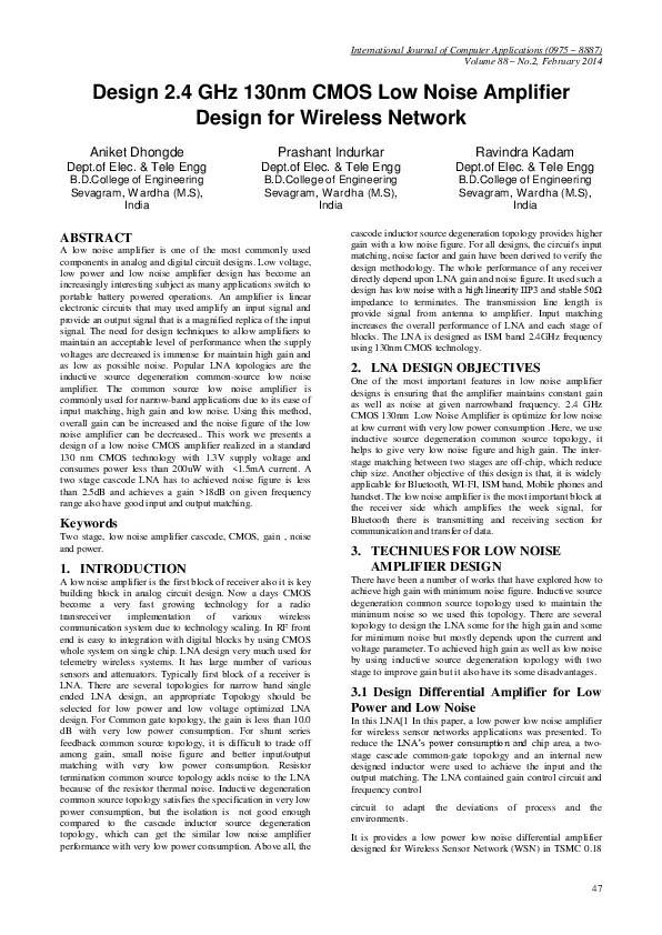 (PDF) Design 2.4 GHz 130nm CMOS Low Noise Amplifier Design for Wireless ...