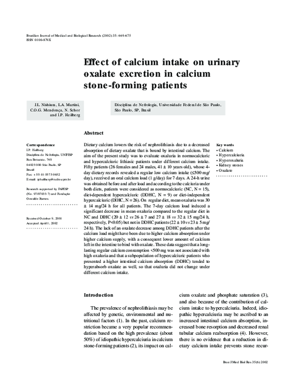 (PDF) Effect of calcium intake on urinary oxalate excretion in calcium ...