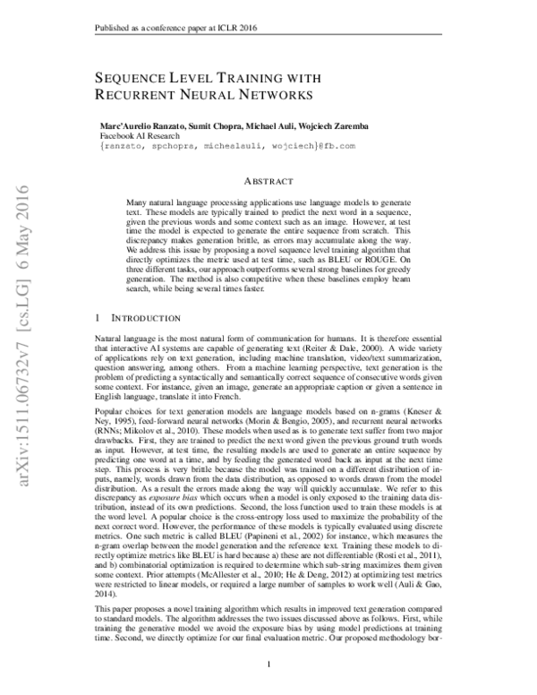 (PDF) Sequence Level Training with Recurrent Neural Networks
