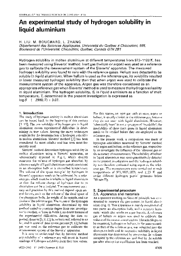(PDF) An experimental study of hydrogen solubility in liquid aluminium