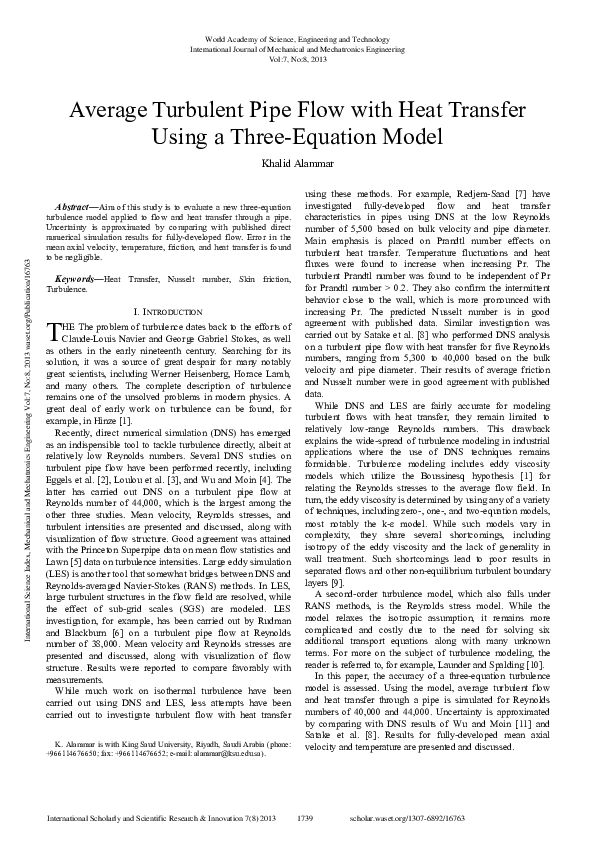 (PDF) Average Turbulent Pipe Flow with Heat Transfer Using a Three ...