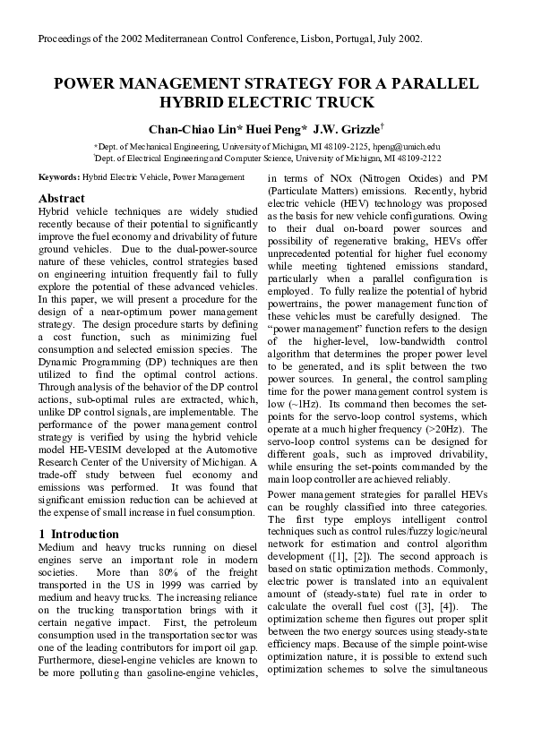 (PDF) Energy management strategy for a parallel hybrid electric truck