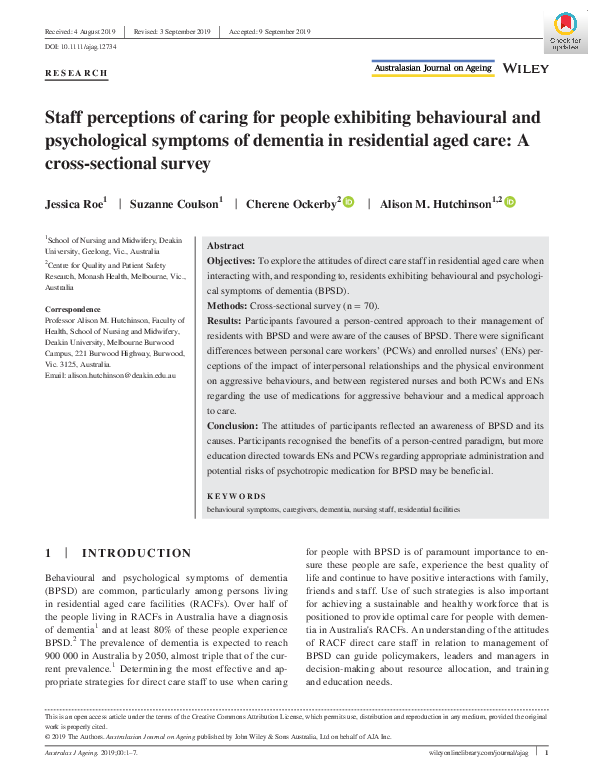(PDF) Staff perceptions of caring for people exhibiting behavioural and ...
