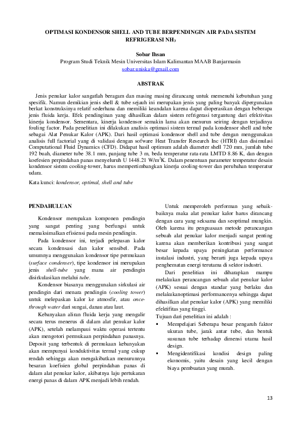 (PDF) Optimasi Kondensor Shell and Tube Berpendingin Air Pada Sistem ...