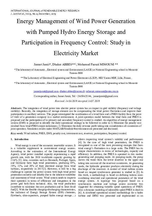 (PDF) Energy Management of Wind Power Generation with Pumped Hydro ...