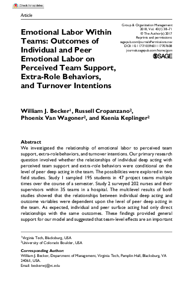 (PDF) Emotional Labor Within Teams: Outcomes of Individual and Peer ...