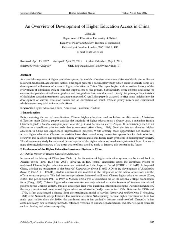 (PDF) An Overview of Development of Higher Education Access in China