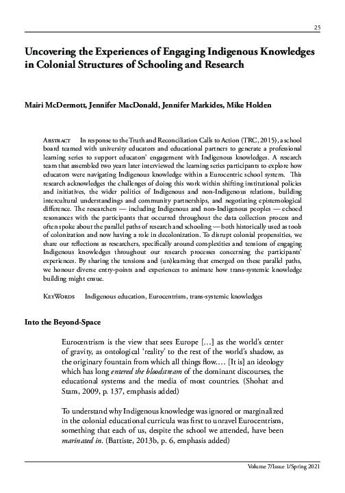 (PDF) Uncovering the Experiences of Engaging Indigenous Knowledges in ...