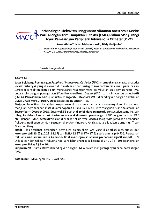 (PDF) Perbandingan Efektivitas Penggunaan Vibration Anesthesia Device