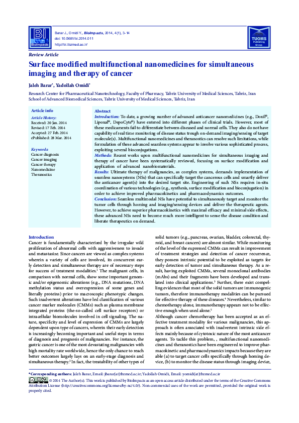 (PDF) Surface modified multifunctional nanomedicines for simultaneous ...