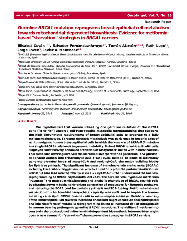 (PDF) Germline BRCA1 mutation reprograms breast epithelial cell ...