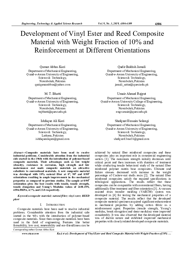 (PDF) Development of Vinyl Ester and Reed Composite Material with ...