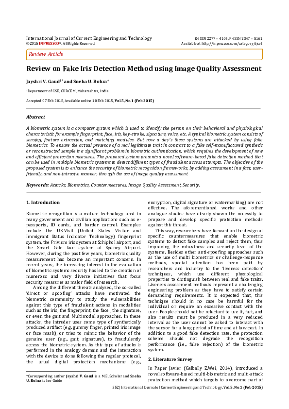 (PDF) Review on Fake Iris Detection Method using Image Quality Assessment