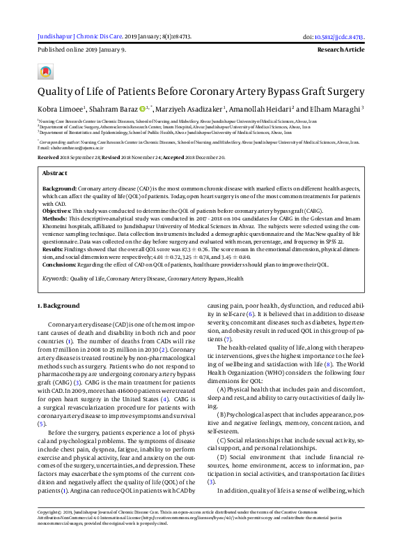 (PDF) Quality of Life of Patients Before Coronary Artery Bypass Graft ...
