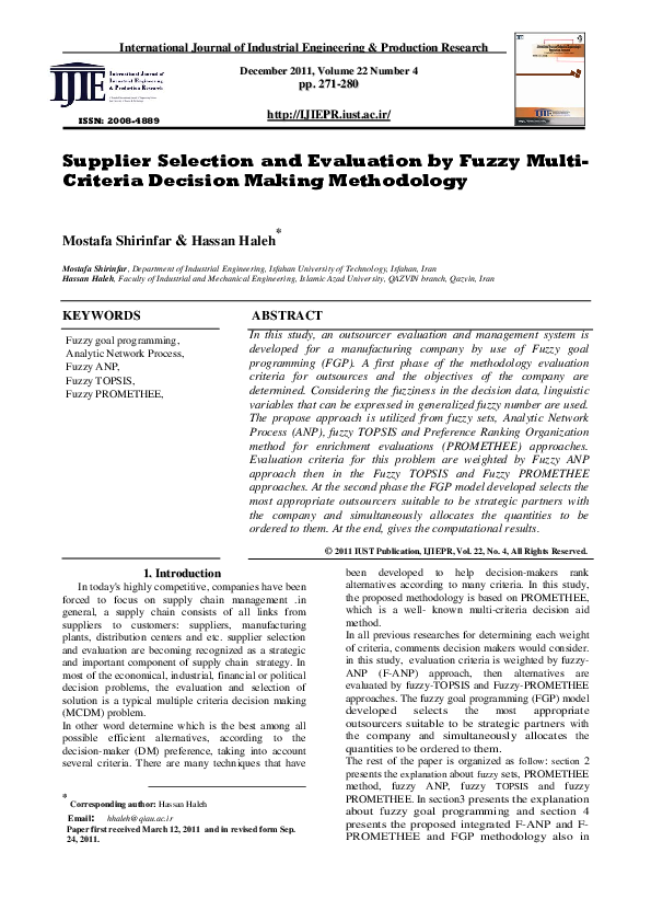 (PDF) Supplier Selection and Evaluation by Fuzzy Multi-Criteria ...