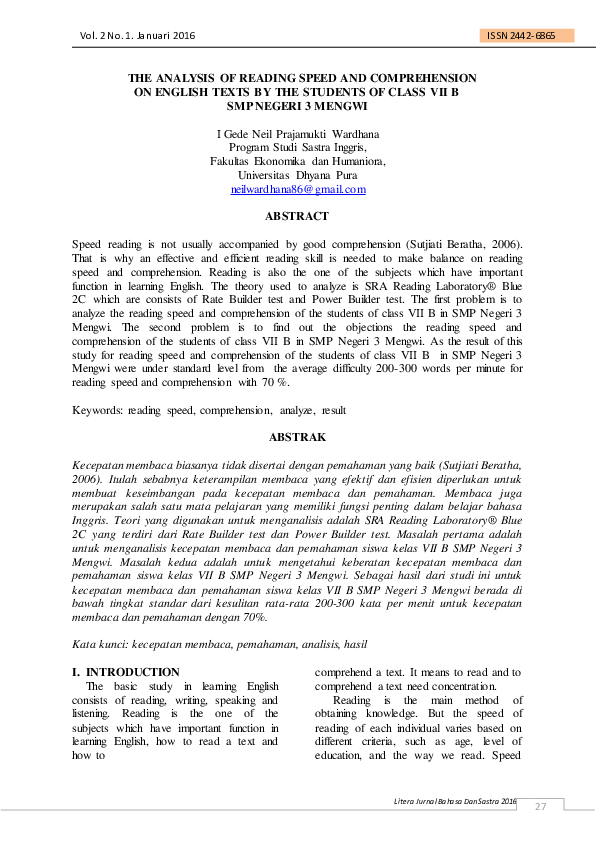 (PDF) The Analysis of Reading Speed and Comprehension on English Texts ...
