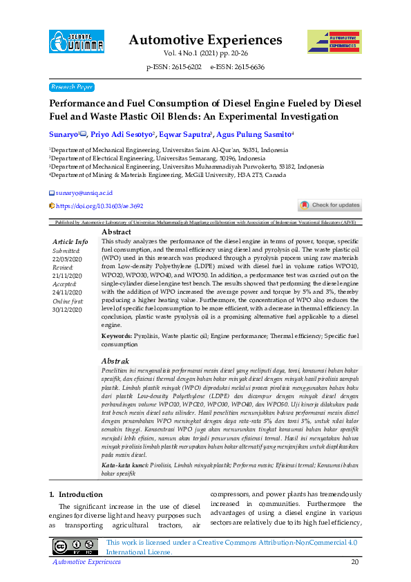 (PDF) Performance and Fuel Consumption of Diesel Engine Fueled by ...