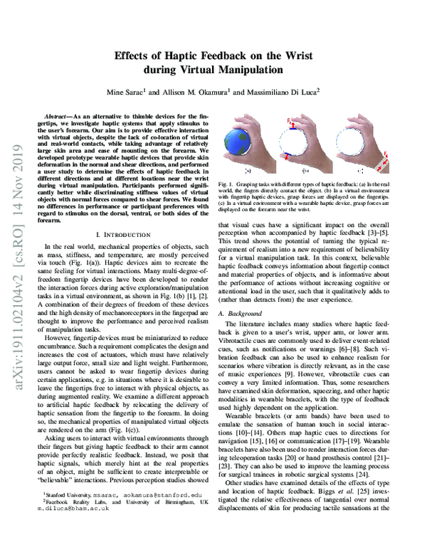 (PDF) Effects of Haptic Feedback on the Wrist during Virtual Manipulation