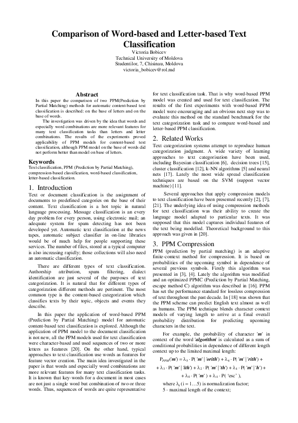 (PDF) Comparison of Word-based and Letter-based Text Classification