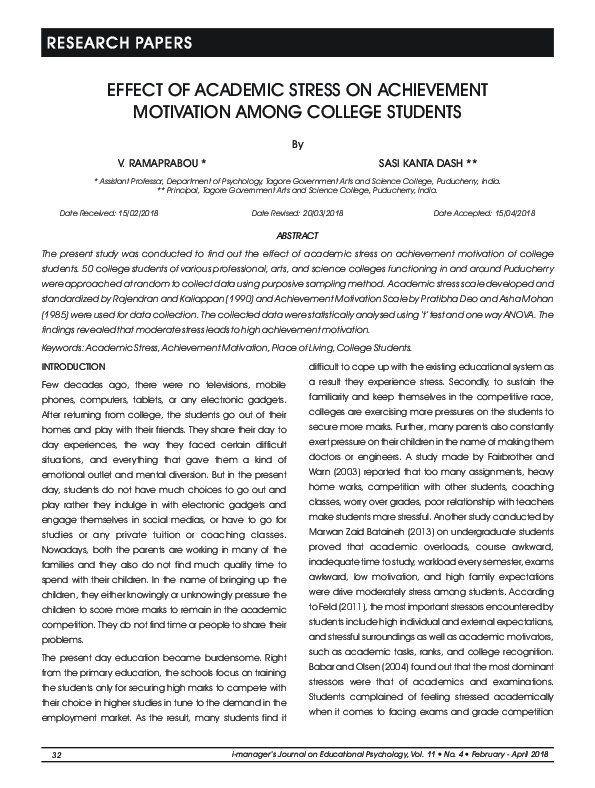 (PDF) Effect of Academic Stress on Achievement Motivation Among College ...