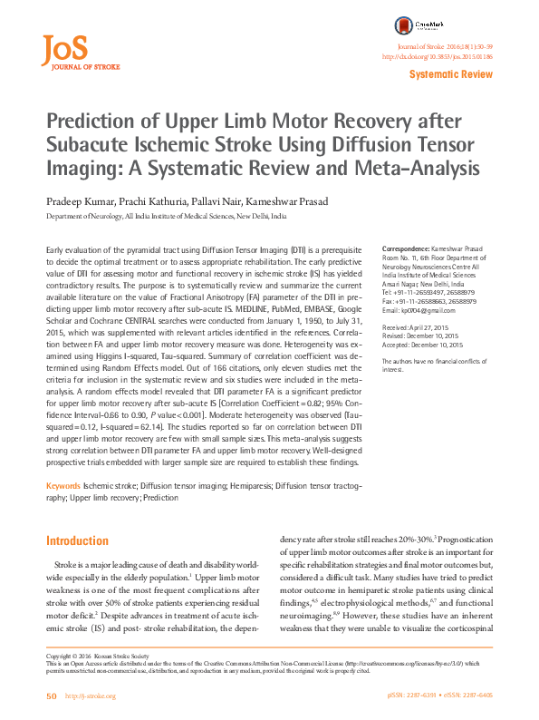 (PDF) Prediction of Upper Limb Motor Recovery after Subacute Ischemic ...