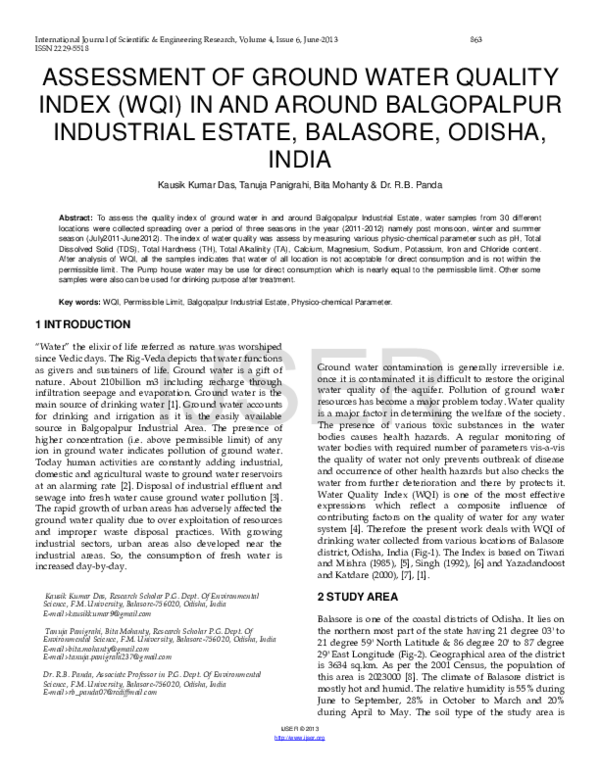 (PDF) Assessment of Ground Water Quality Index (Wqi) in and Around ...