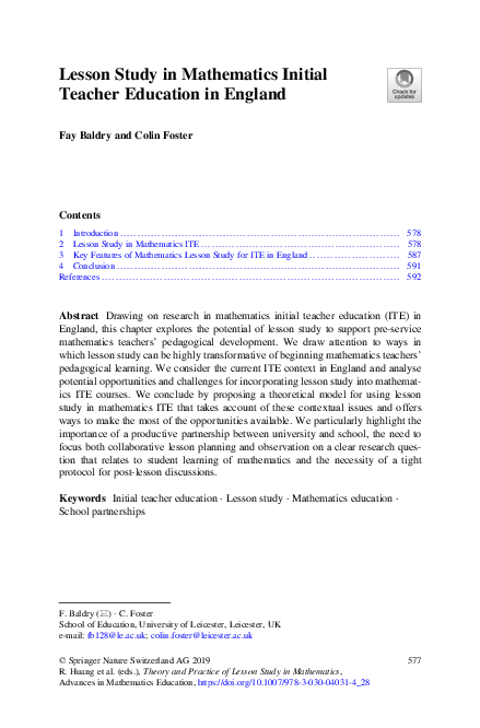 (PDF) Lesson Study in Mathematics Initial Teacher Education in England