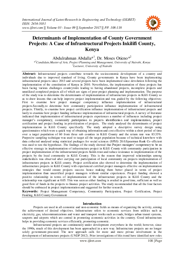 (PDF) Determinants of Implementation of County Government Projects: A ...