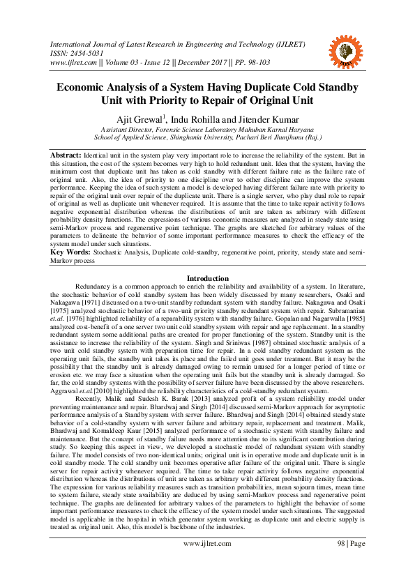 (PDF) Economic Analysis of a System Having Duplicate Cold Standby Unit ...