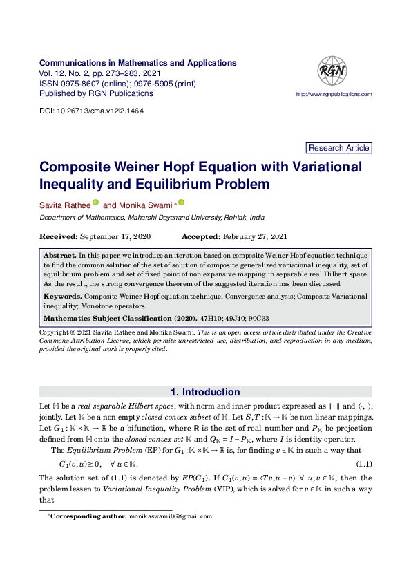 (PDF) Composite Weiner Hopf Equation with Variational Inequality and ...