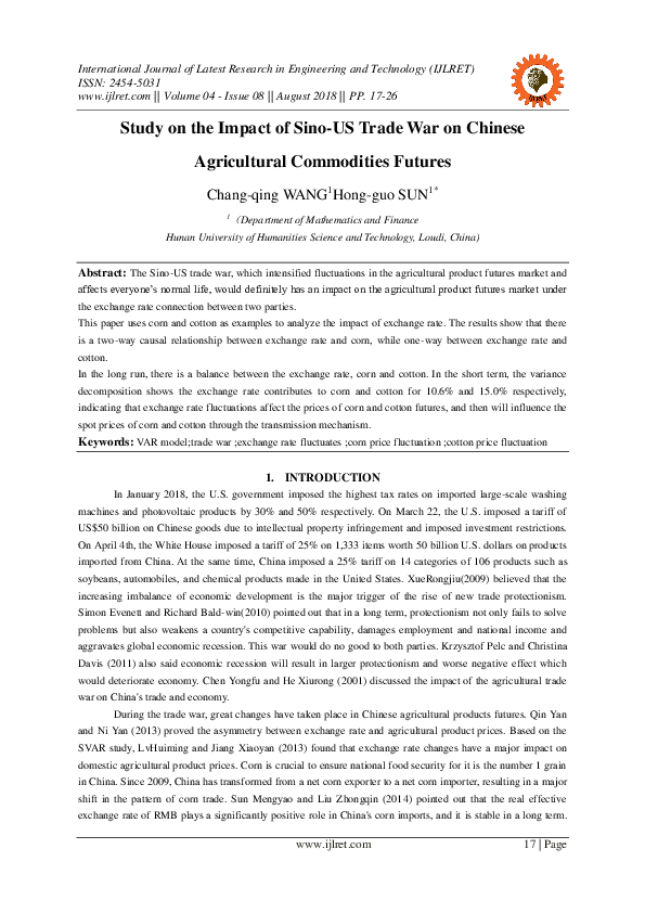 (PDF) Study on the Impact of Sino-US Trade War on Chinese Agricultural ...
