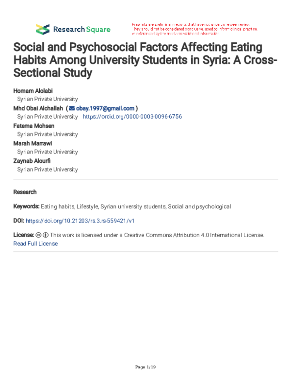 (PDF) Social and Psychosocial Factors Affecting Eating Habits Among ...