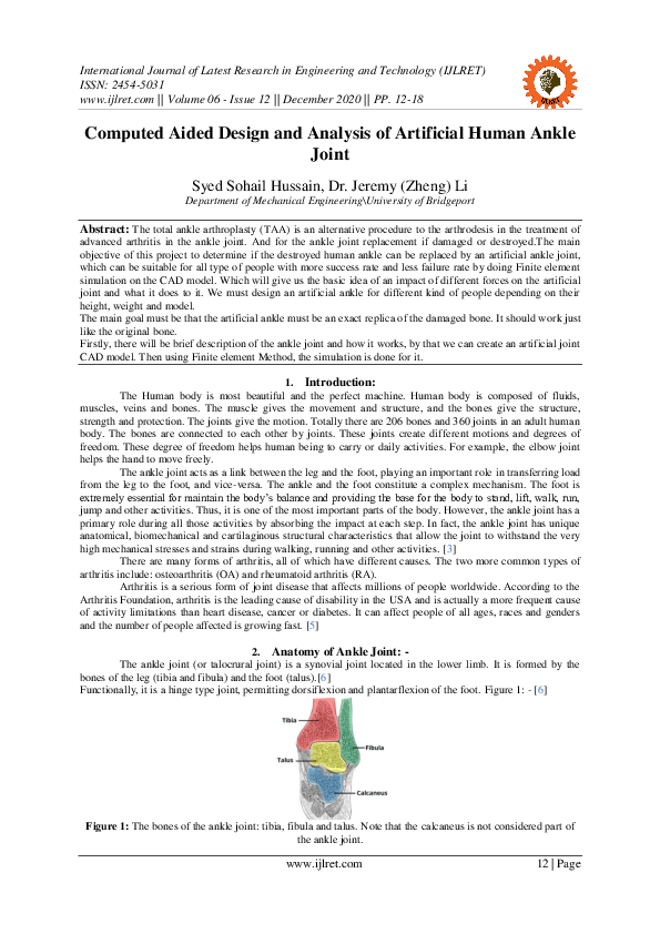 (PDF) Computed Aided Design and Analysis of Artificial Human Ankle Joint