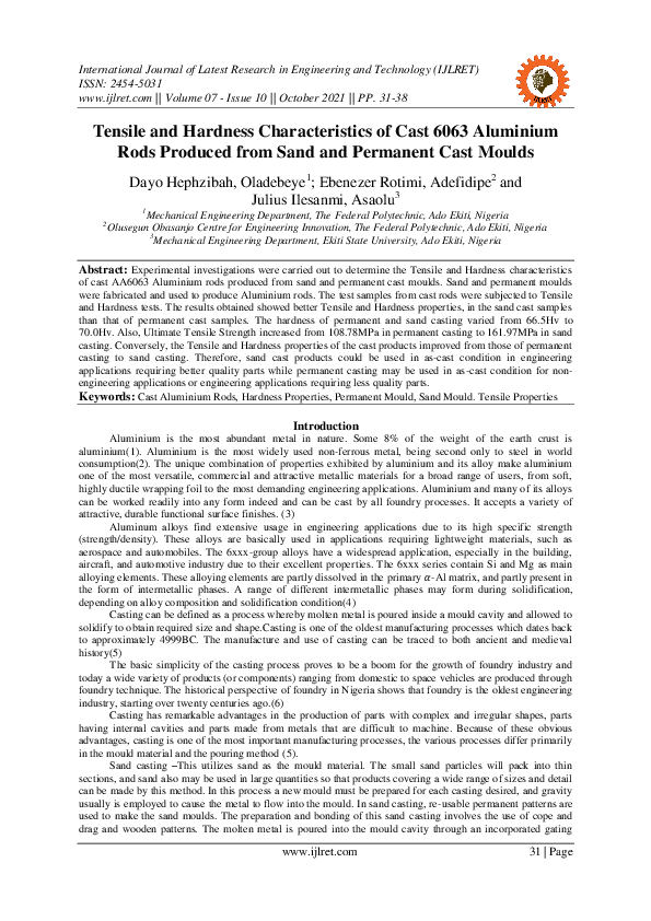 (PDF) Tensile and Hardness Characteristics of Cast 6063 Aluminium Rods
