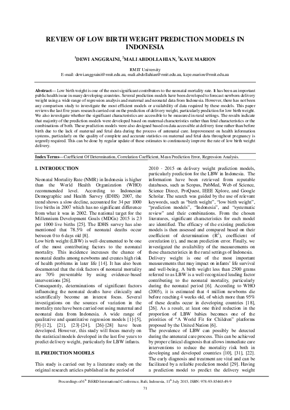(PDF) Review of low birth weight prediction models in Indonesia