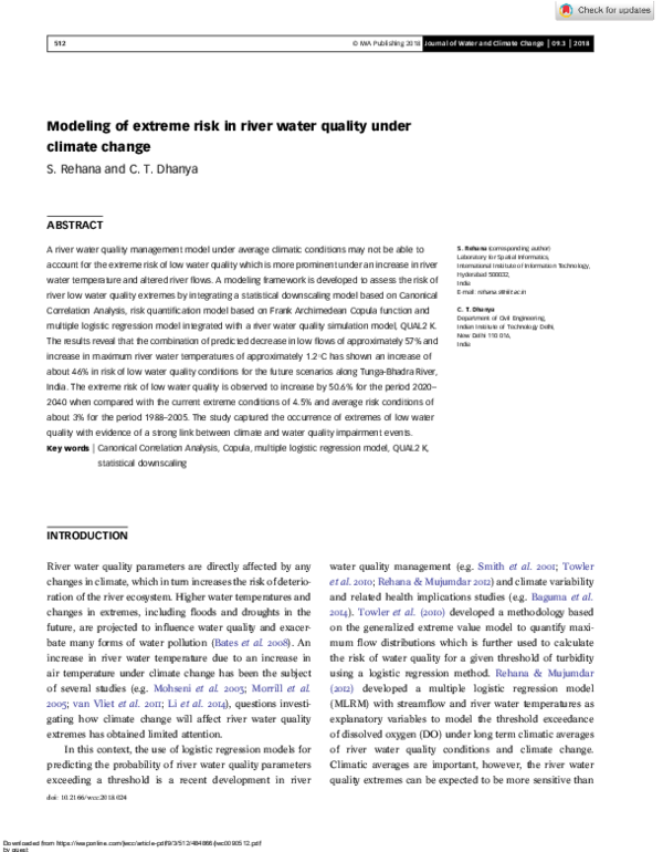 (PDF) Modeling of extreme risk in river water quality under climate change