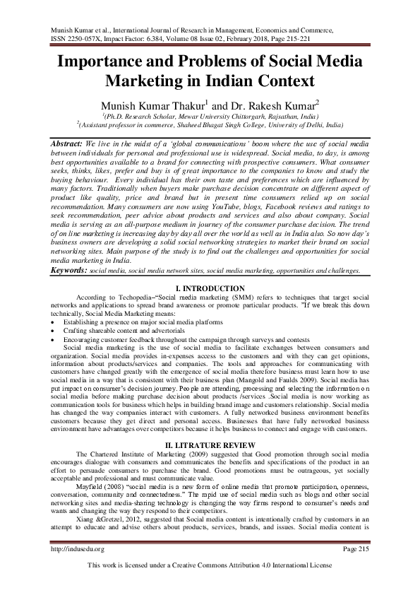(PDF) Importance and Problems of Social Media Marketing in Indian Context