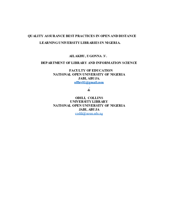 (PDF) QUALITY ASSURANCE BEST PRACTICES IN OPEN AND DISTANCE LEARNING ...